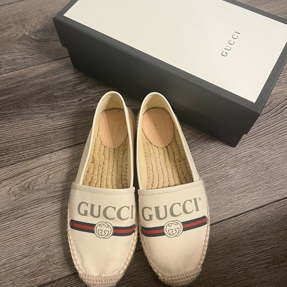 Gucci Logo Espadrilles White Canvas Size 37 EU - Picture 1 of 9